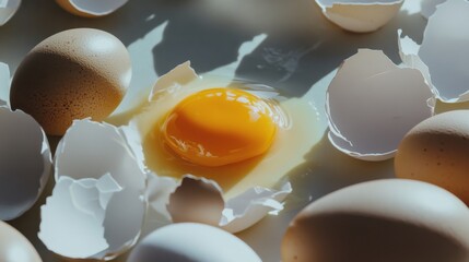 Cracked egg with yolk spilling out surrounded by empty eggshells, symbolizing food safety recall on clean white surface.