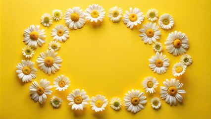 Fototapeta premium A vibrant yellow background adorned with a circular arrangement of delicate white daisies, creating a charming and cheerful floral border.