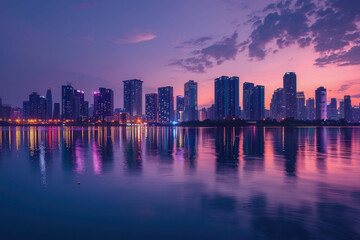 Obraz premium A city skyline is reflected in the water at sunset. The city is lit up with lights, creating a warm and inviting atmosphere