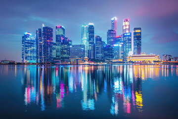 Fototapeta premium A city skyline is reflected in the water at sunset. The city is lit up with lights, creating a warm and inviting atmosphere