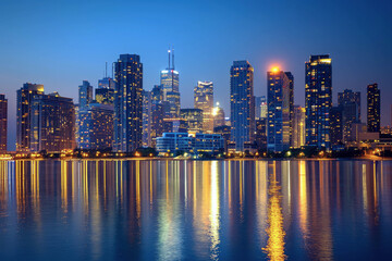 Obraz premium A city skyline is reflected in the water at sunset. The city is lit up with lights, creating a warm and inviting atmosphere