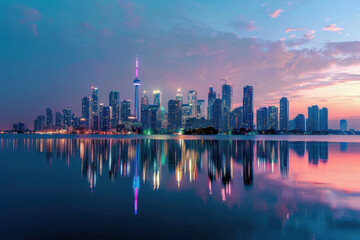 Obraz premium A city skyline is reflected in the water at sunset. The city is lit up with lights, creating a warm and inviting atmosphere