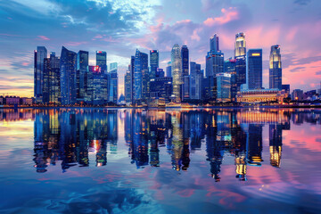 Obraz premium A city skyline is reflected in the water at sunset. The city is lit up with lights, creating a warm and inviting atmosphere