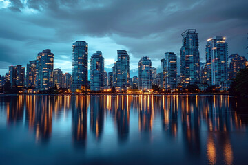 Fototapeta premium A city skyline is reflected in the water at sunset. The city is lit up with lights, creating a warm and inviting atmosphere