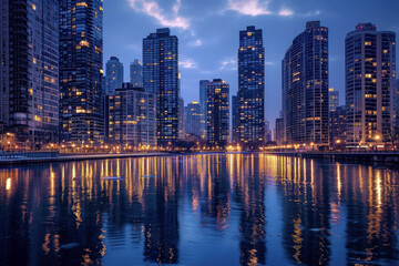 Fototapeta premium A city skyline is reflected in the water at sunset. The city is lit up with lights, creating a warm and inviting atmosphere