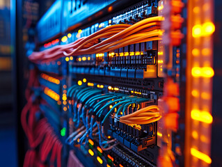 Modern electrical enclosure with neatly aligned cables and vibrant lights