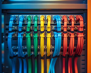Modern electrical enclosure with neatly aligned cables in vibrant colors