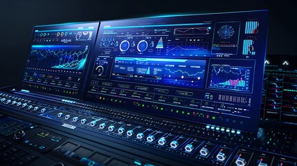 Obraz premium Futuristic Control Room with Blue Interfaces and Data Visualization