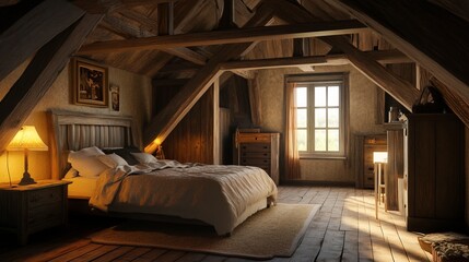 Fototapeta premium Cozy bedroom in a farmhouse with wooden beams, simple decor, and rustic charm. 