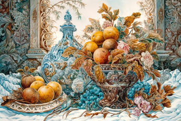 winter frosty still life with frost and snow in retro style, illustration., watercolor style 