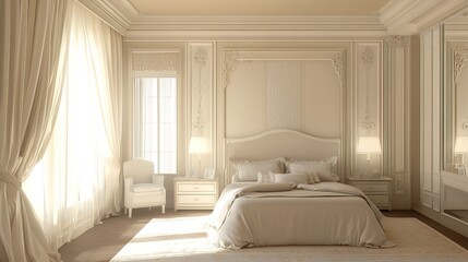 Fototapeta premium Design of the interior. Stylish bedroom in beige calm color 