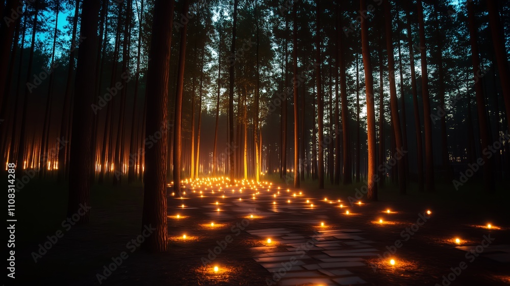 Poster illuminated path through a forest during twilight with glowing candles lining the trail