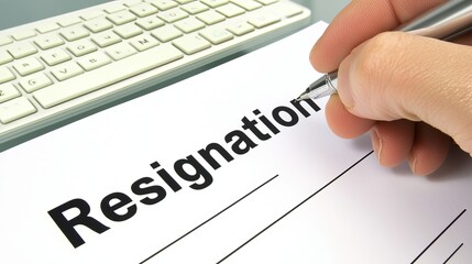 A close-up of a hand filling out a resignation form, symbolizing a significant career change.