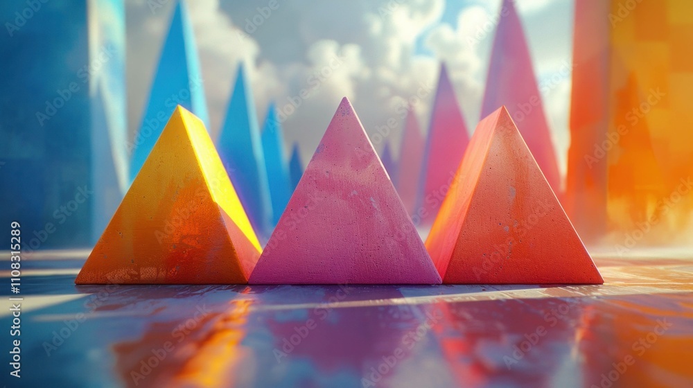 Poster colorful pyramid shapes in a vibrant landscape, creating a dynamic geometric scene with soft reflect