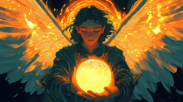A serene illustration of archangel uriel holding glowing orb, radiating warmth and light. Luminous. Illustration