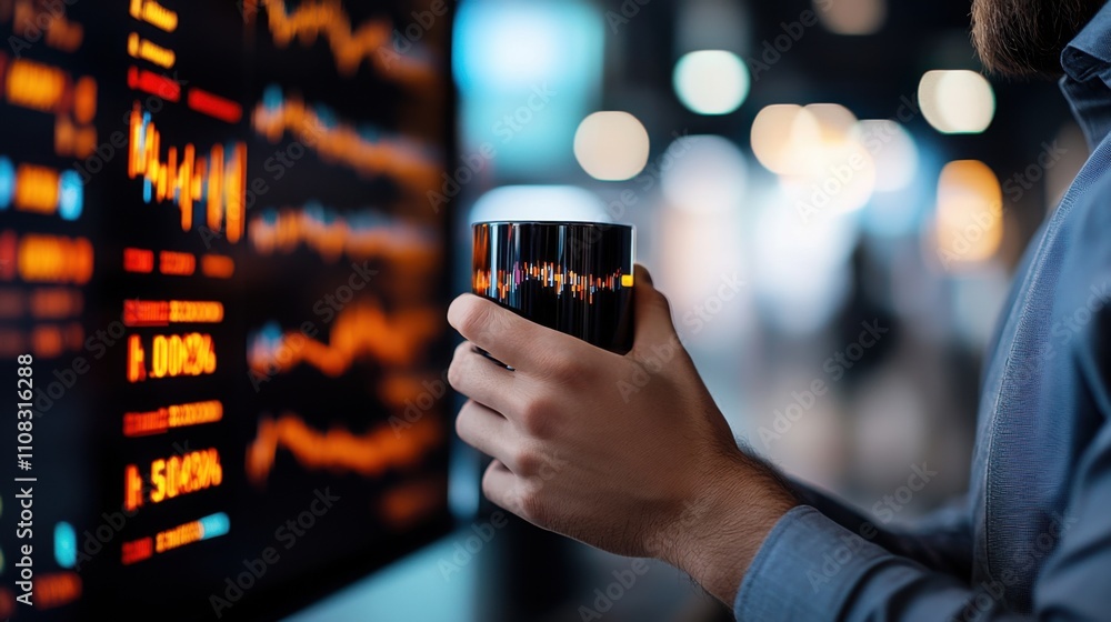 Aufkleber man holding coffee cup while analyzing data trends on digital screen in modern office environment wi