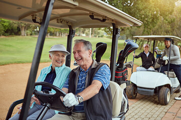 Couple, hobby and drive golf cart for fun, sports and recreation with weekend, bonding and fitness. Senior people, happy by course for game, practice and club competition with retirement leisure