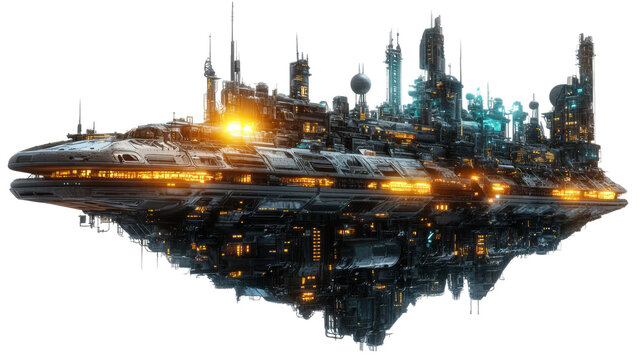 Futuristic spaceship floating city with transparent background