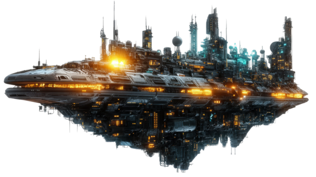 Futuristic spaceship floating city with transparent background