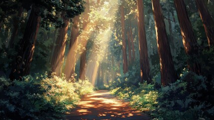 Obraz premium Sunlight Streaming Through Tall Trees in a Lush Forest