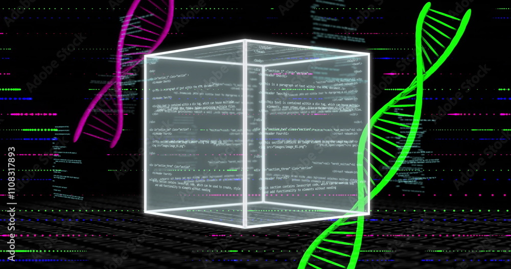 Poster dna strands and coding data image over glowing cube on dark background