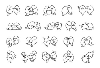 Sperm semen couple set with cute kawaii characters reading, dancing, smiling, hugging, kissing, swimming, working, celebrating and enjoying joyful moments together