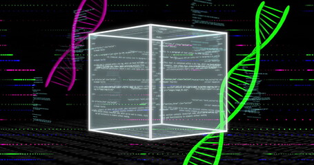 DNA strands and coding data image over glowing cube on dark background