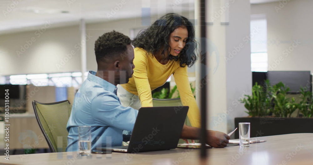 Poster image of financial data processing over diverse colleagues discussing work in office