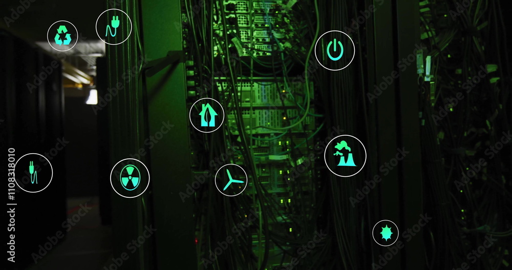 Poster image of eco icons and digital data processing over computer servers