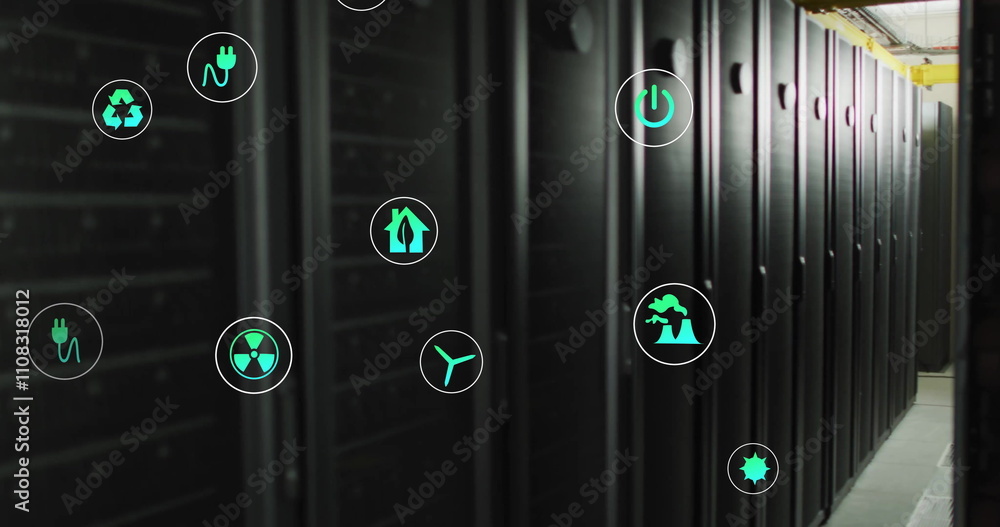 Poster image of eco icons and digital data processing over computer servers