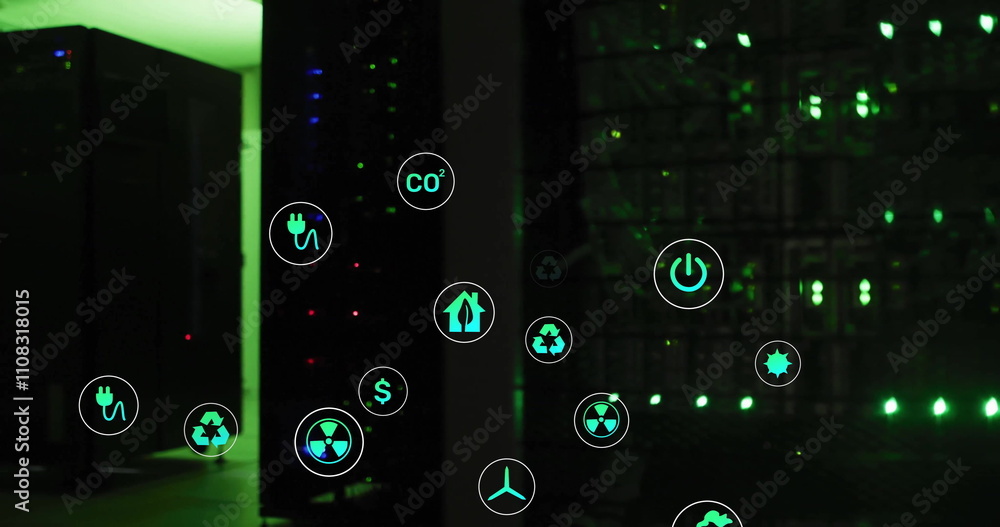 Poster image of eco icons and digital data processing over computer servers
