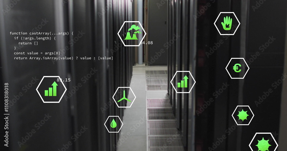 Poster image of eco icons and digital data processing over computer servers