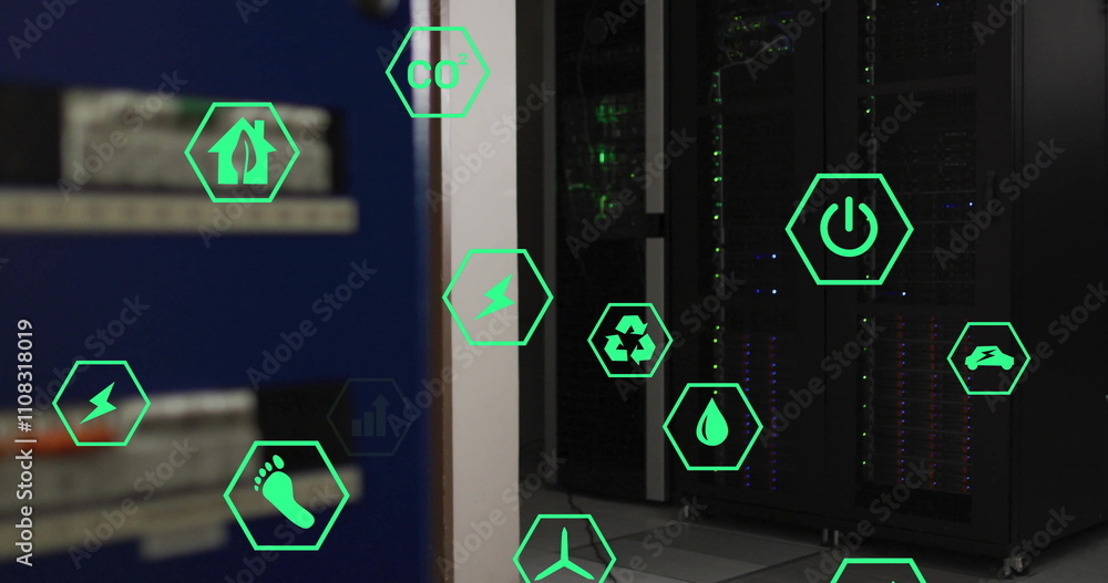 Poster image of eco icons and digital data processing over computer servers