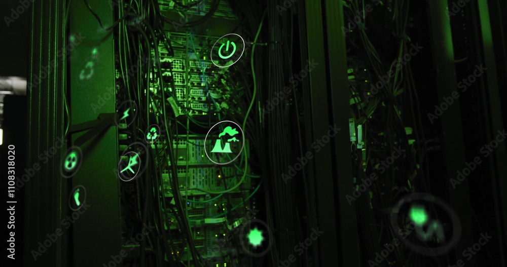 Poster image of eco icons and digital data processing over computer servers