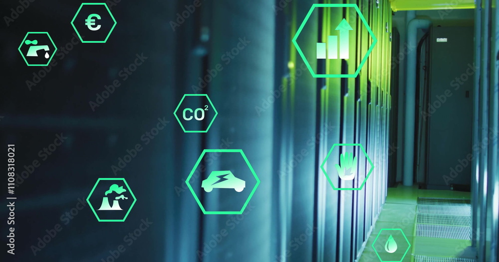 Poster image of eco icons and digital data processing over computer servers