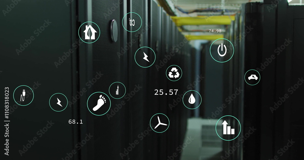 Poster image of eco icons and digital data processing over computer servers