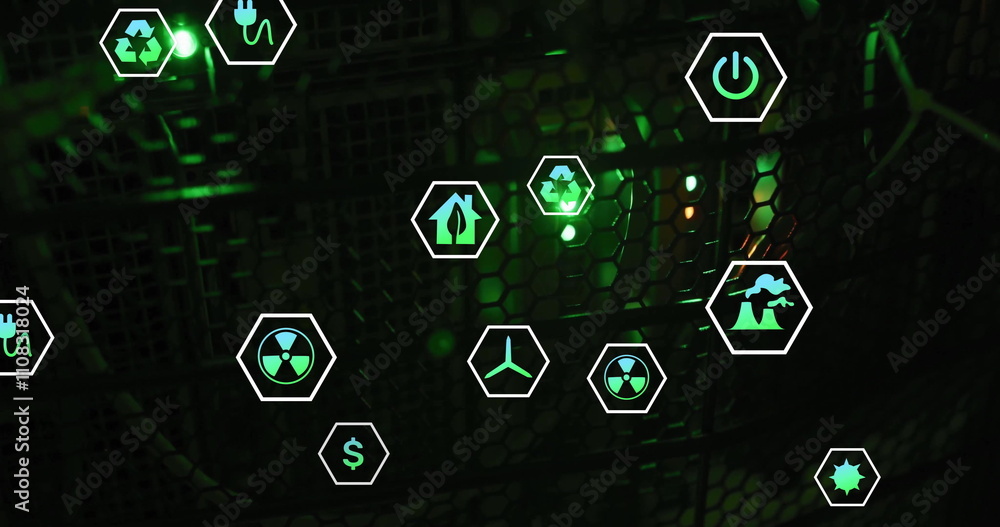 Poster image of eco icons and digital data processing over computer servers