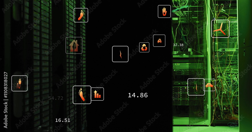 Poster image of eco icons and digital data processing over computer servers