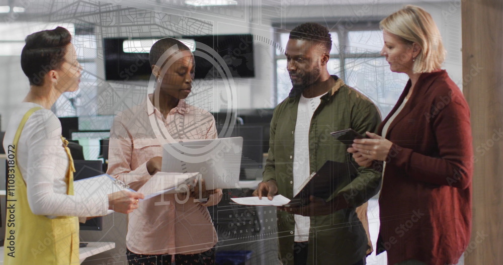 Poster image of financial data processing over diverse colleagues discussing work in office