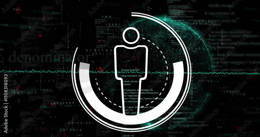 Poster image of globe and human icon over data processing on black background