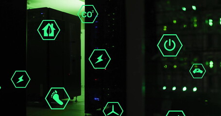 Image of eco icons and digital data processing over computer servers