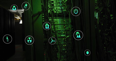 Image of eco icons and digital data processing over computer servers