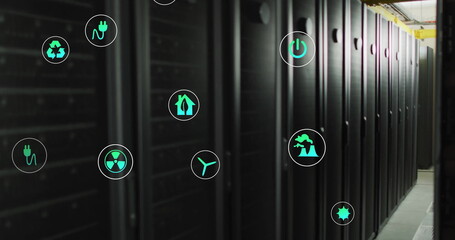 Image of eco icons and digital data processing over computer servers