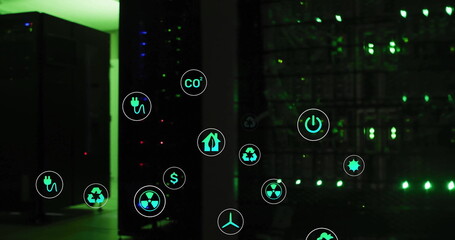 Image of eco icons and digital data processing over computer servers