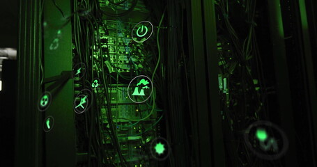 Image of eco icons and digital data processing over computer servers