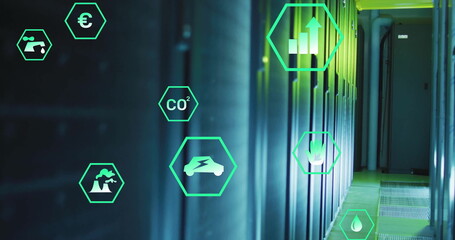 Image of eco icons and digital data processing over computer servers