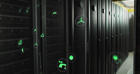 Image of eco icons and digital data processing over computer servers
