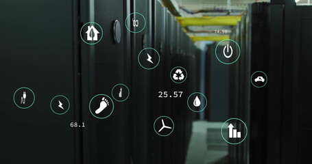 Image of eco icons and digital data processing over computer servers