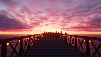 Fototapeta premium A group of people are standing on a pier at sunset