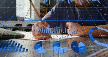 Image of mathematical equations and financial data processing over asian schoolboy